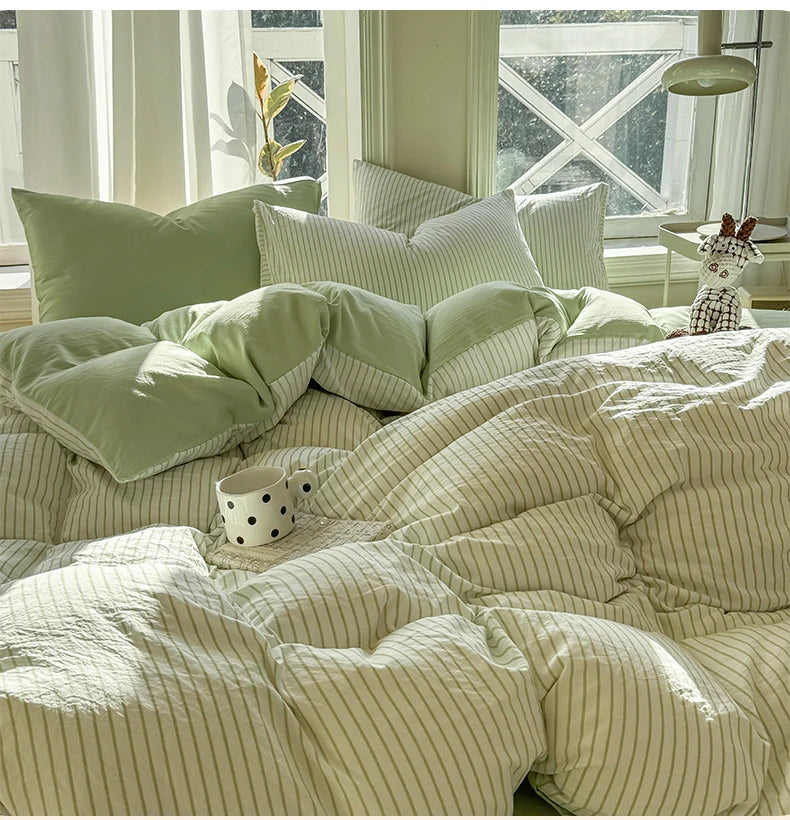 Washed Cotton Duvet Cover Set Quilt Set Ins Nordic Minimalist Style Grey Strip Bed Set Home Textile Bedding Set Bed Sheets 2025