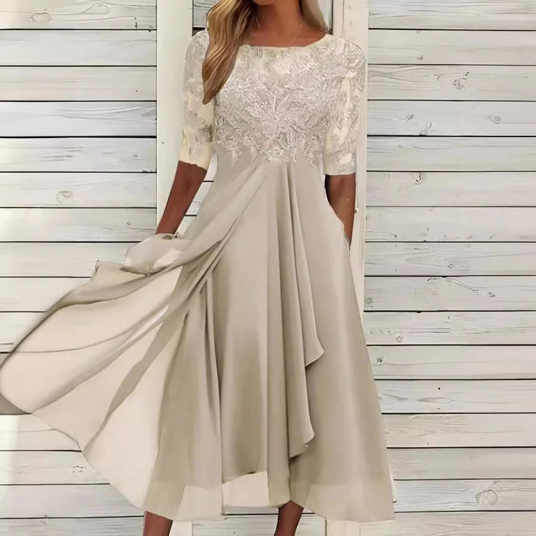 Womens Dresses Romantic Simple Dress With Chiffon Patchwork Lace Hollow Out Long Dress Bridesmaid Evening Dress Women's Wear