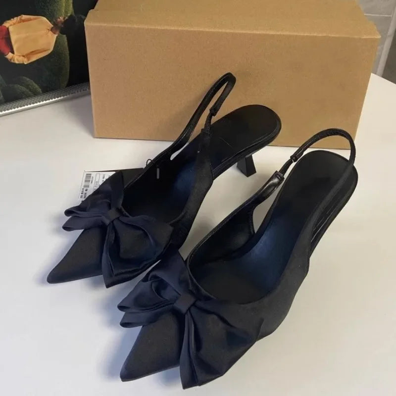 Elegant High Heels Women's Shoes 2024 Summer Black Shallow Mouth Pointed Toe Bow Slingbacks Luxury Party Office Lady Sandals - Belvar