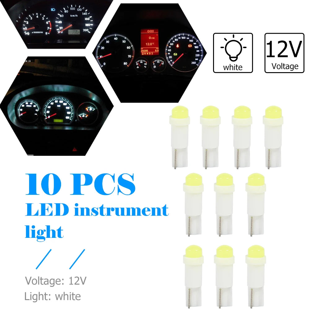 10pcs T5 3D COB LED Car Instrument Cluster Lamp Indicator Reading Light Bulbs Color Temperature 6,000K Brightness 120LM