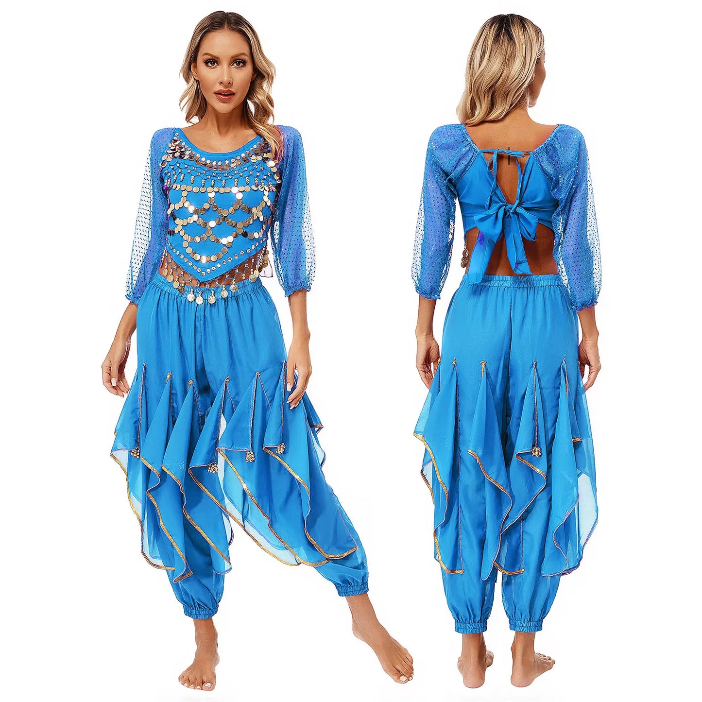 Womens Indian Belly Dance Performance Costume Sequined Long Sleeve Chiffon Tops Self-tie Back Irregular Hem Crop Top with Pants