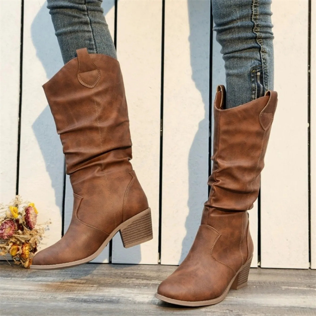 Shoes for Women New Slip-on Fashion Women Boots Sewing Daily Round Toe Square Heel Mid Boots Women Comfortable Pleated Boots