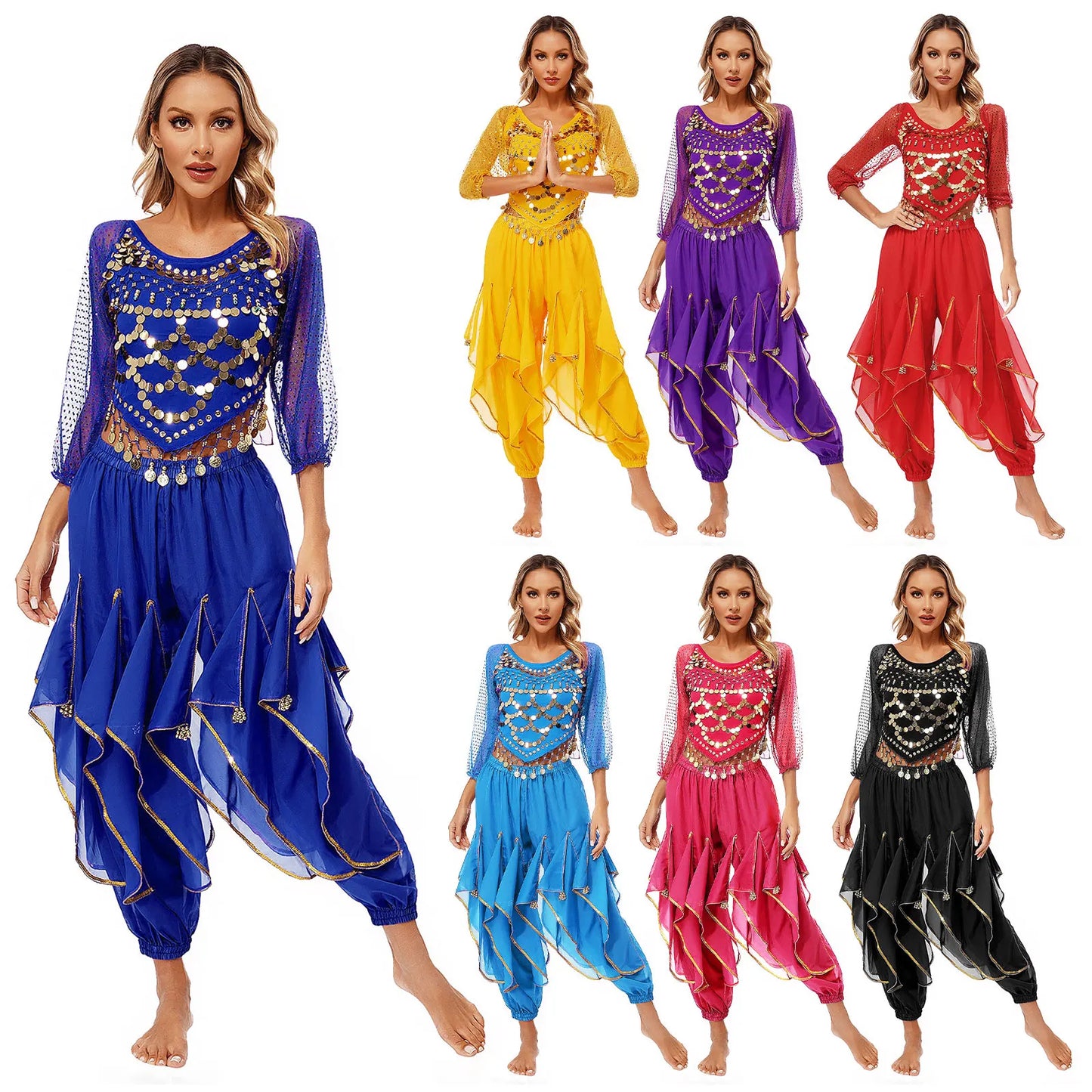 Womens Indian Belly Dance Performance Costume Sequined Long Sleeve Chiffon Tops Self-tie Back Irregular Hem Crop Top with Pants