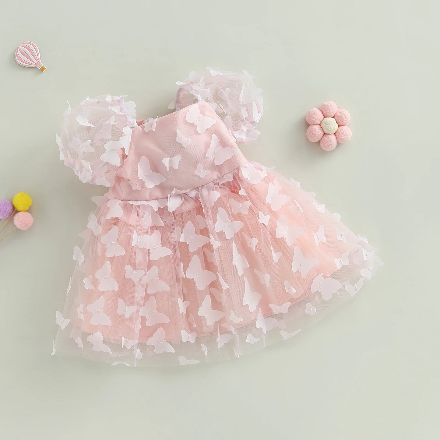 Pudcoco Kids Baby Girl Princess Dress, Puff Sleeve Tulle Dress Flower/Butterfly A-line Dress for Party Stage Show 1-6T