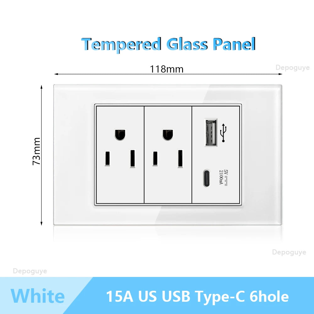 US Wall Switch Power Socket with USB Type-c Quick Charger,American Mexico White Tempered Glass Plug Outlet,Light Switch Panel