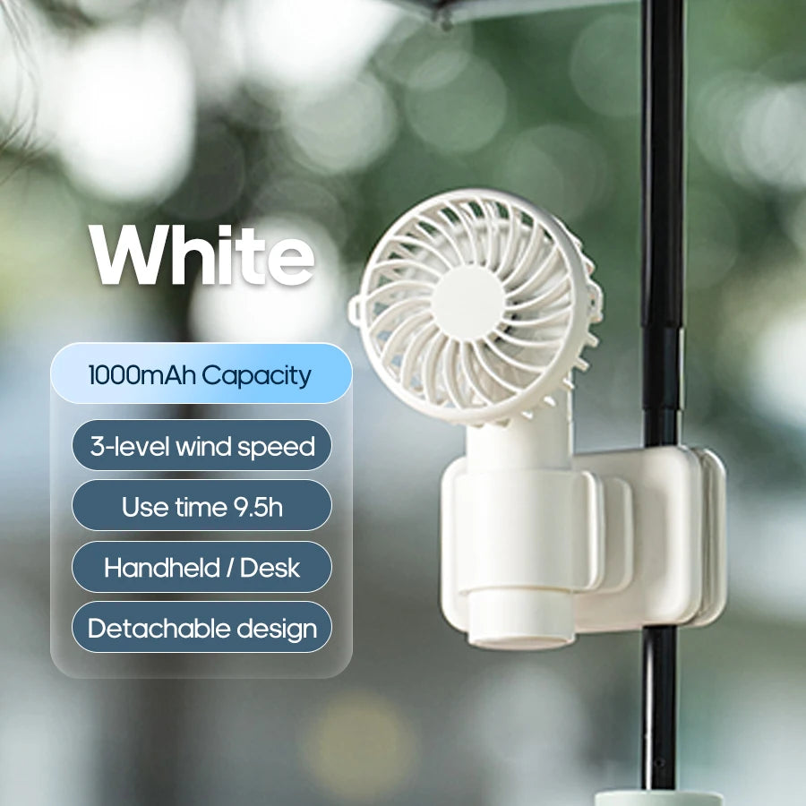 Portable Multifunctional Mini Clip Fan USB Rechargeable 1000mAh 3 Wind Speeds Adjustable Silent Handheld Fan for Travel Umbrella