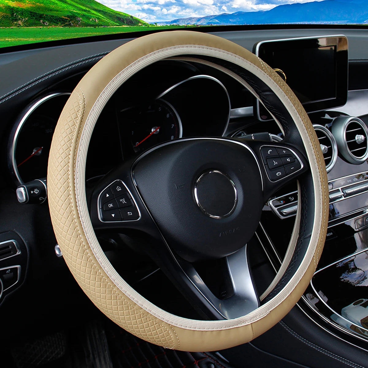 PU Leather Embossed Three-dimensional Car without Inner Ring Steering Wheel Cover for 14.5-15 Inches of Automotive Supplies