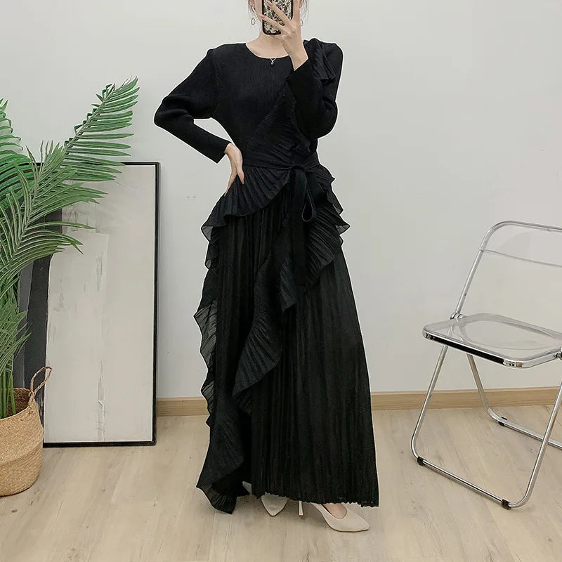 2025 New Dresses Cascading Ruffle Dresses Women Lady Elegant Vintage Pleated Design Ruched Dresses Women Casual