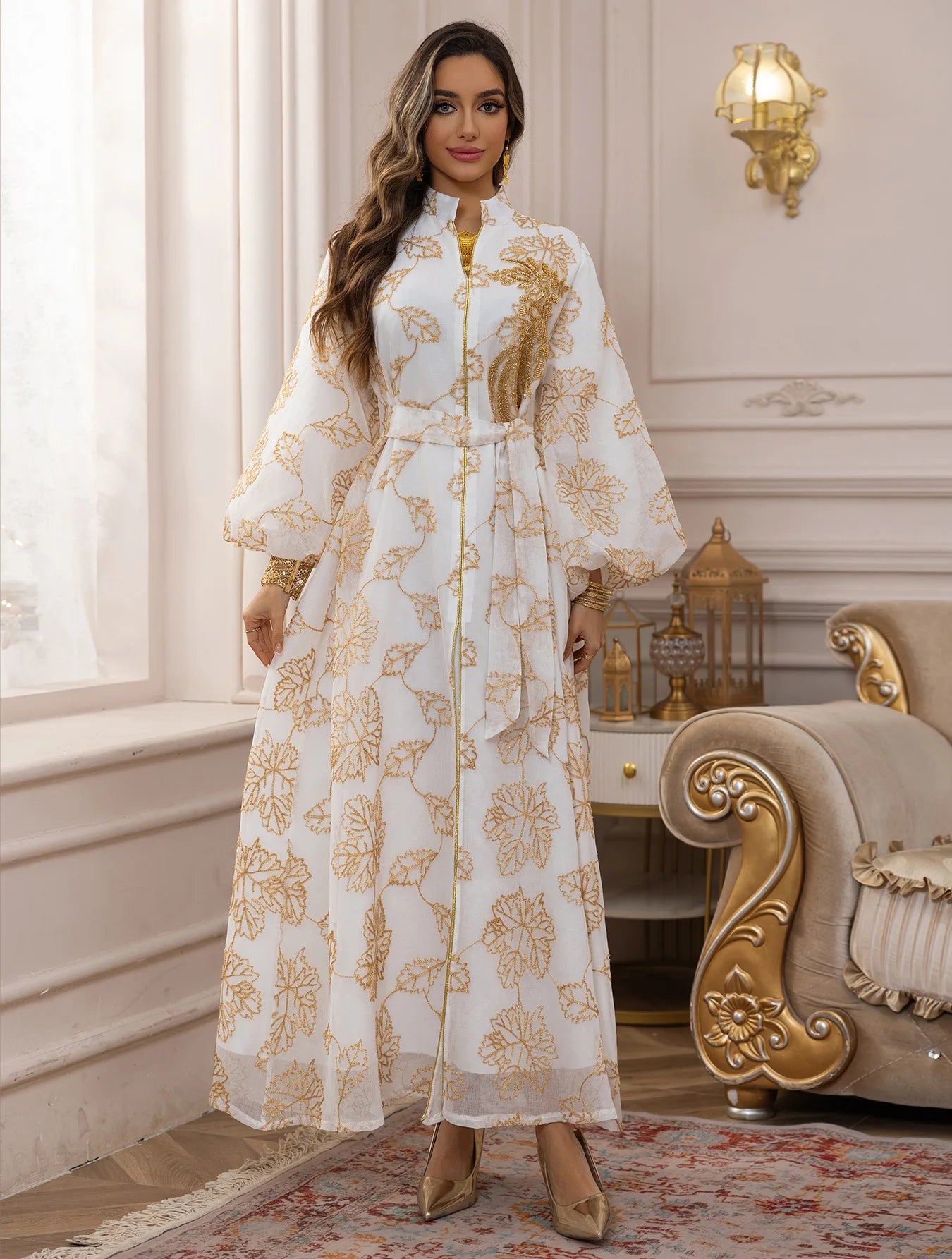 2025 Dubai Luxury Muslim Abaya Gold Floral Embroidered Long Dress Elegant Modest Islam Outerwear for in the MIddle East Women