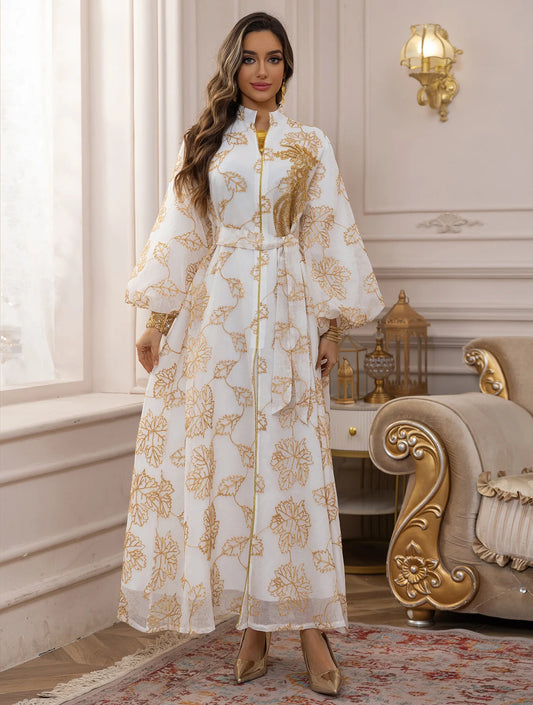 2025 Dubai Luxury Muslim Abaya Gold Floral Embroidered Long Dress Elegant Modest Islam Outerwear for in the MIddle East Women