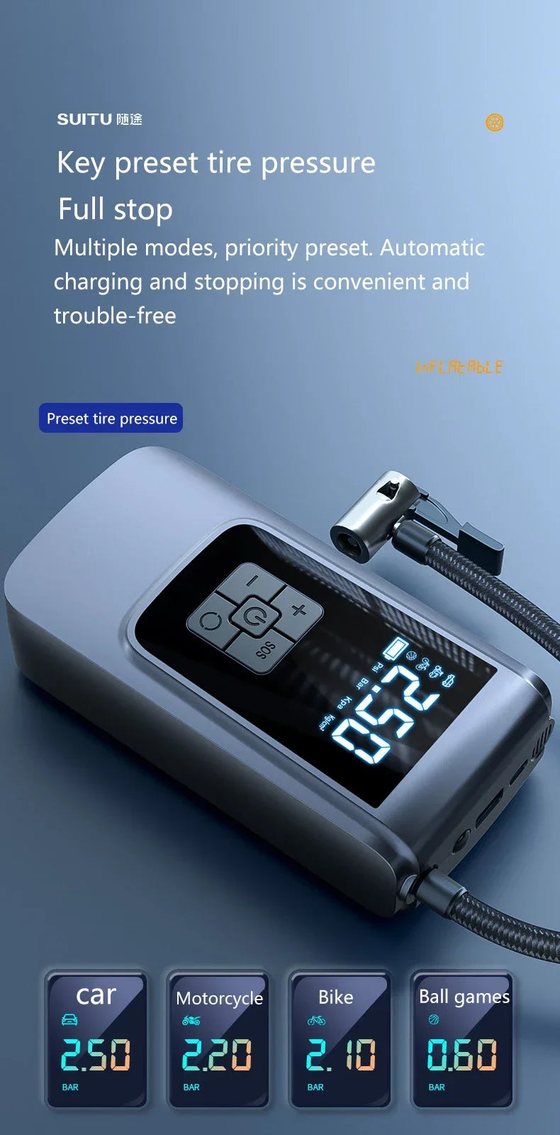 Wireless Car Air Pump Portable Air Compressor Electric Tire Inflator with LCD Digital Display for Car Motorcycles Bicycle Ball