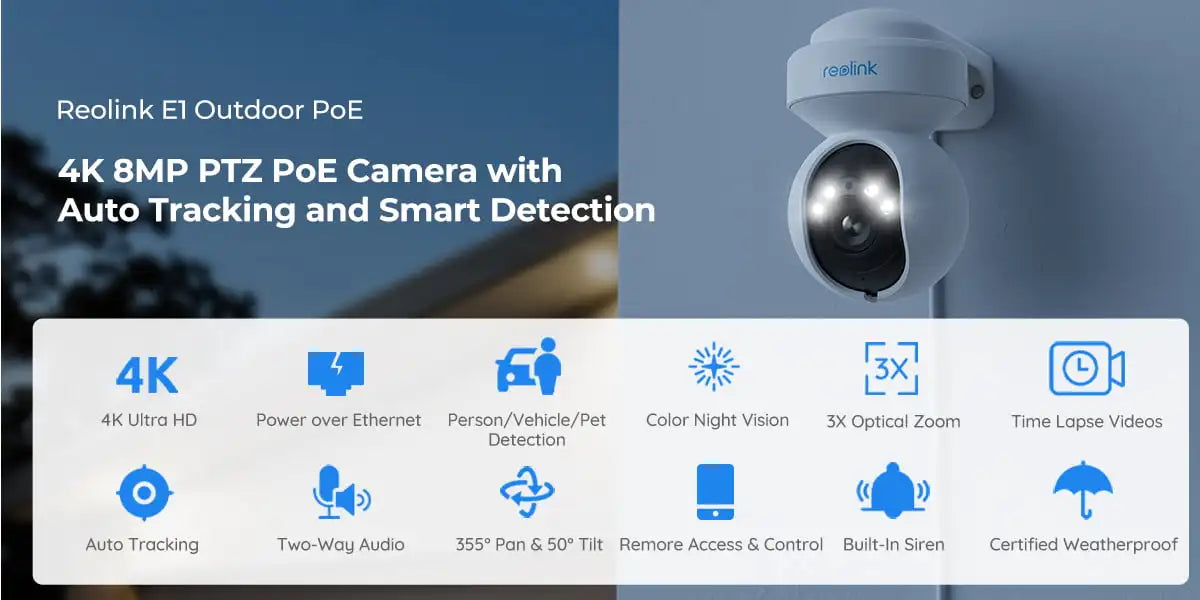Reolink E1 Series Outdoor 8MP WiFi Camera 4K PTZ PoE Security Cam Smart AI Human Detection Auto Tracking Surveillance Camera