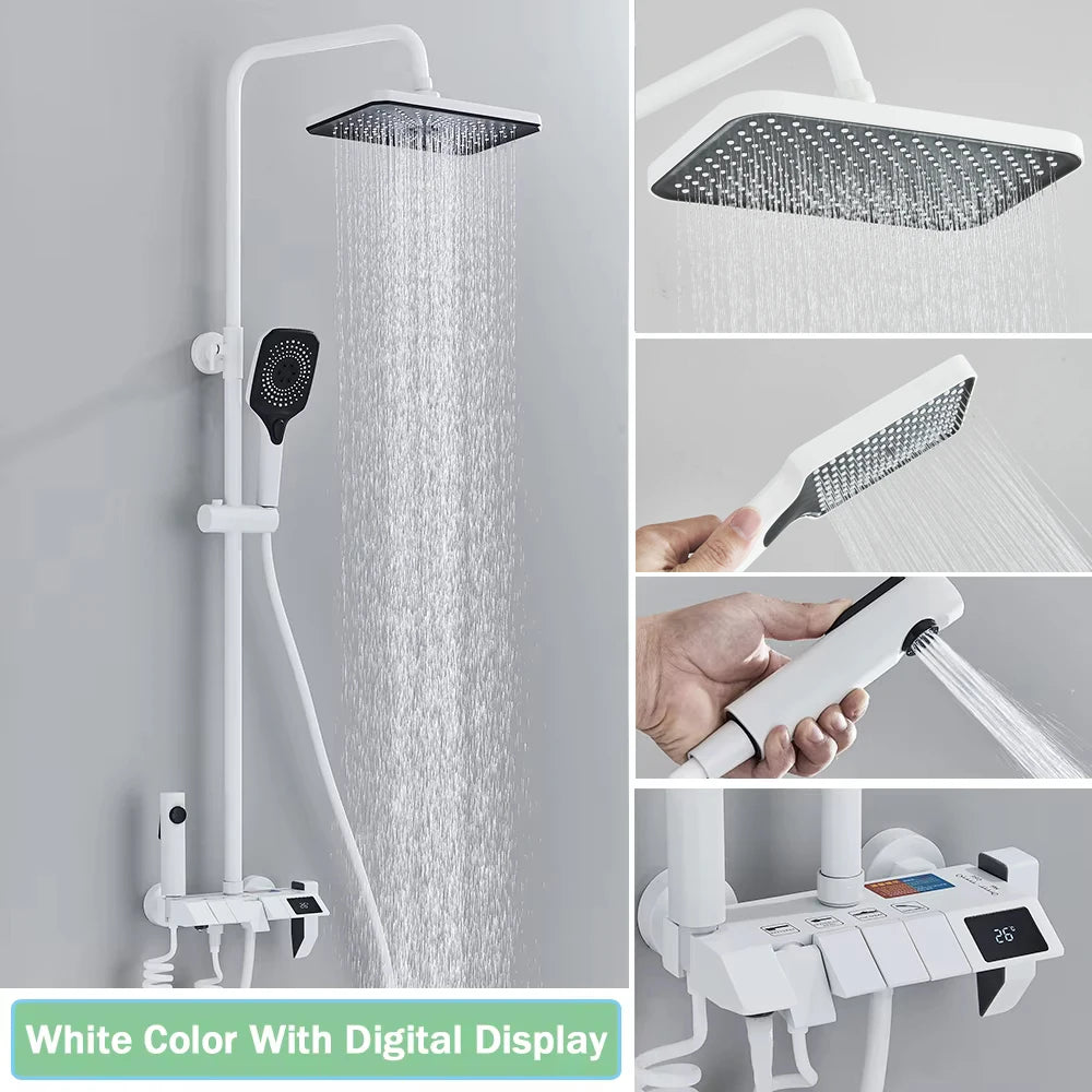 Rozin Black Smart Digital Display Shower Faucet Set Piano Style Rainlfall Bathroom System Grey Digital Mixer Tap Bidet Shower