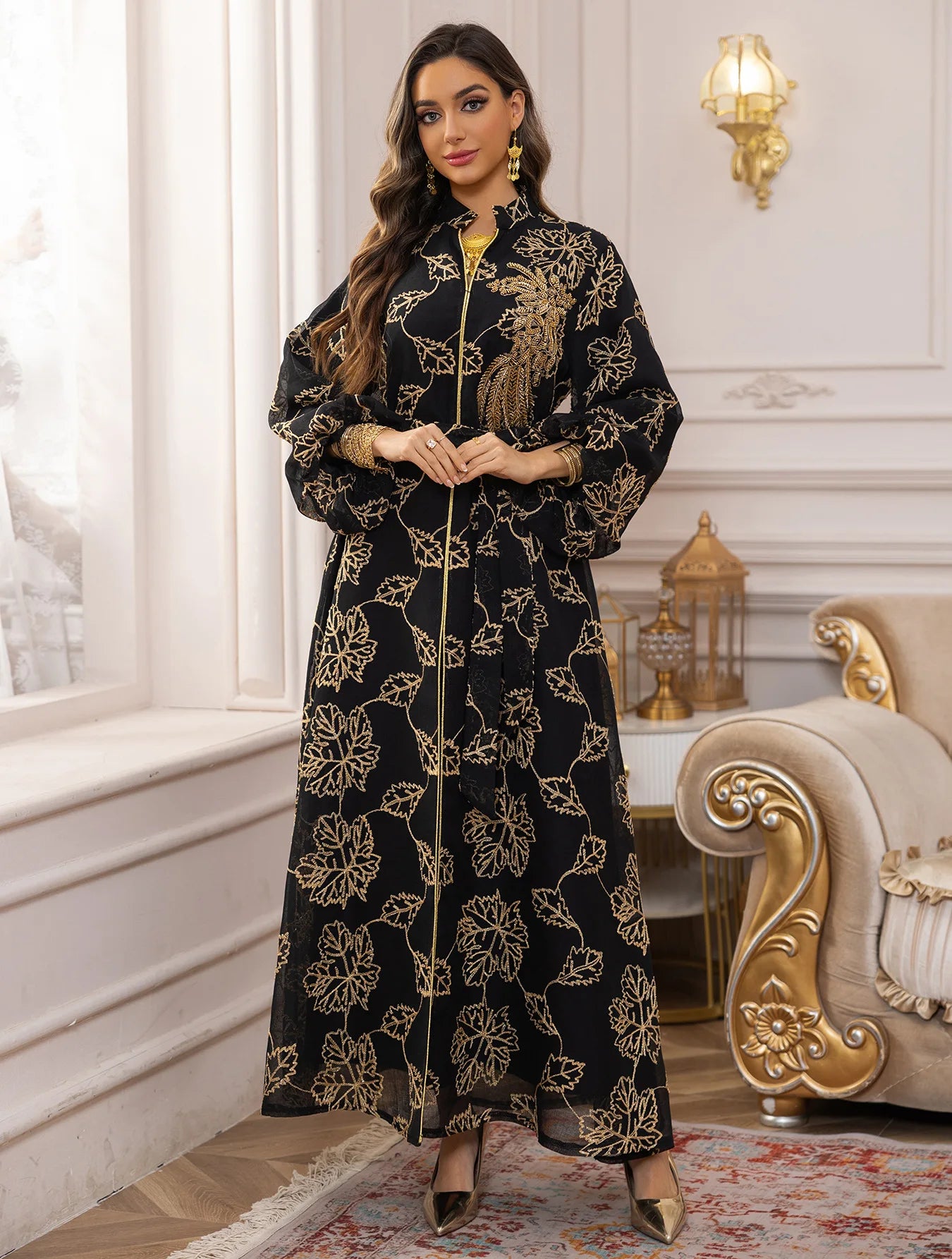 2025 Dubai Luxury Muslim Abaya Gold Floral Embroidered Long Dress Elegant Modest Islam Outerwear for in the MIddle East Women