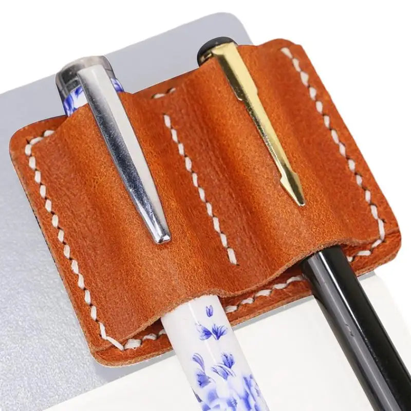 Retro Pen Pencil Holder Double Pen Clip PU Anti Lost Pen Organizer For Travel Notebook Pen Insertion Stainless Steel Pen Cover