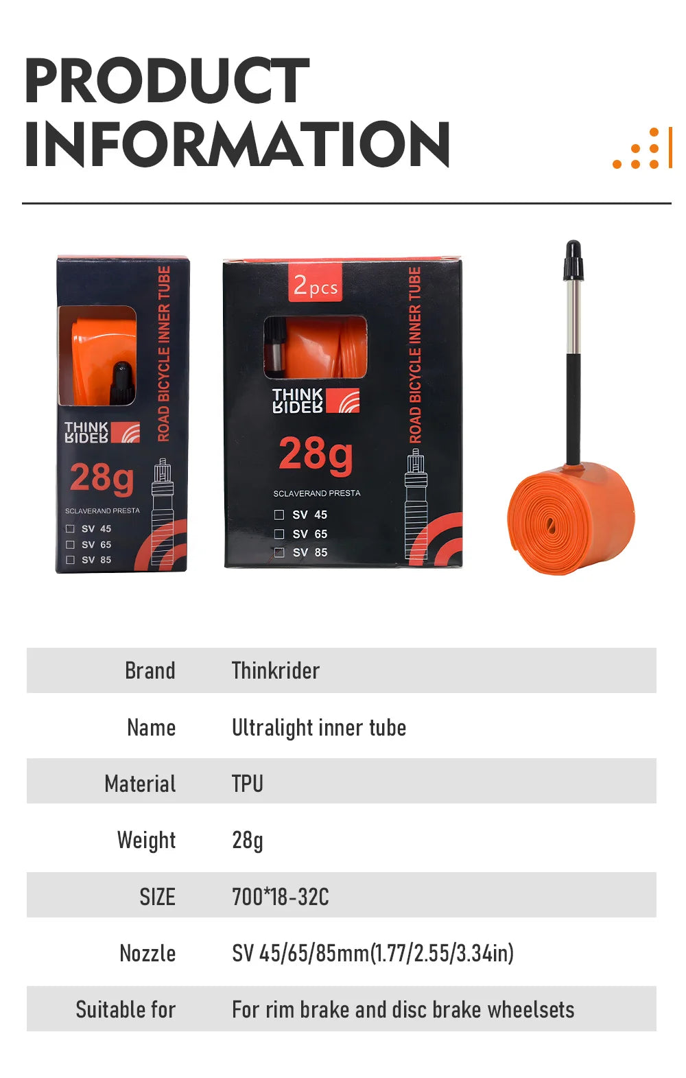 ThinkRider 1Pcs Ultralight 28g Bike Inner Tube 700X18 25 28 32 Road Bicycle TPU Material Tire 65mm Length French Valve