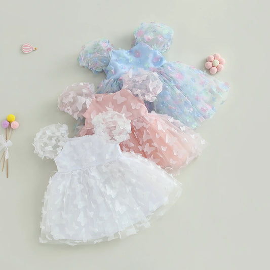 Pudcoco Kids Baby Girl Princess Dress, Puff Sleeve Tulle Dress Flower/Butterfly A-line Dress for Party Stage Show 1-6T