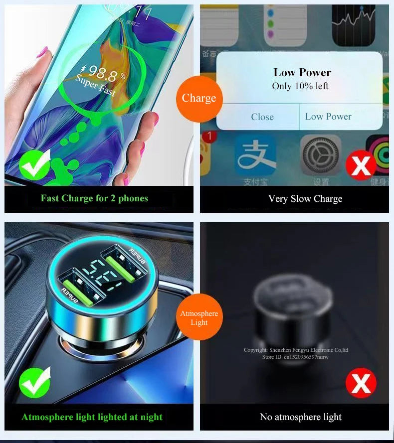 2 Port Super Fast USB Car Charger for iPhone 14 Pro Max 13 Oneplus Huawei OPPO Samsung Xiaomi 240W Quick Charging Loader Adapter