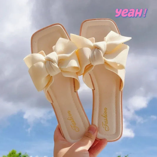 Bow slippers female summer wear new fashionable sweet girl flat bottom non-slip fairy wind word cool slippers female - Belvar