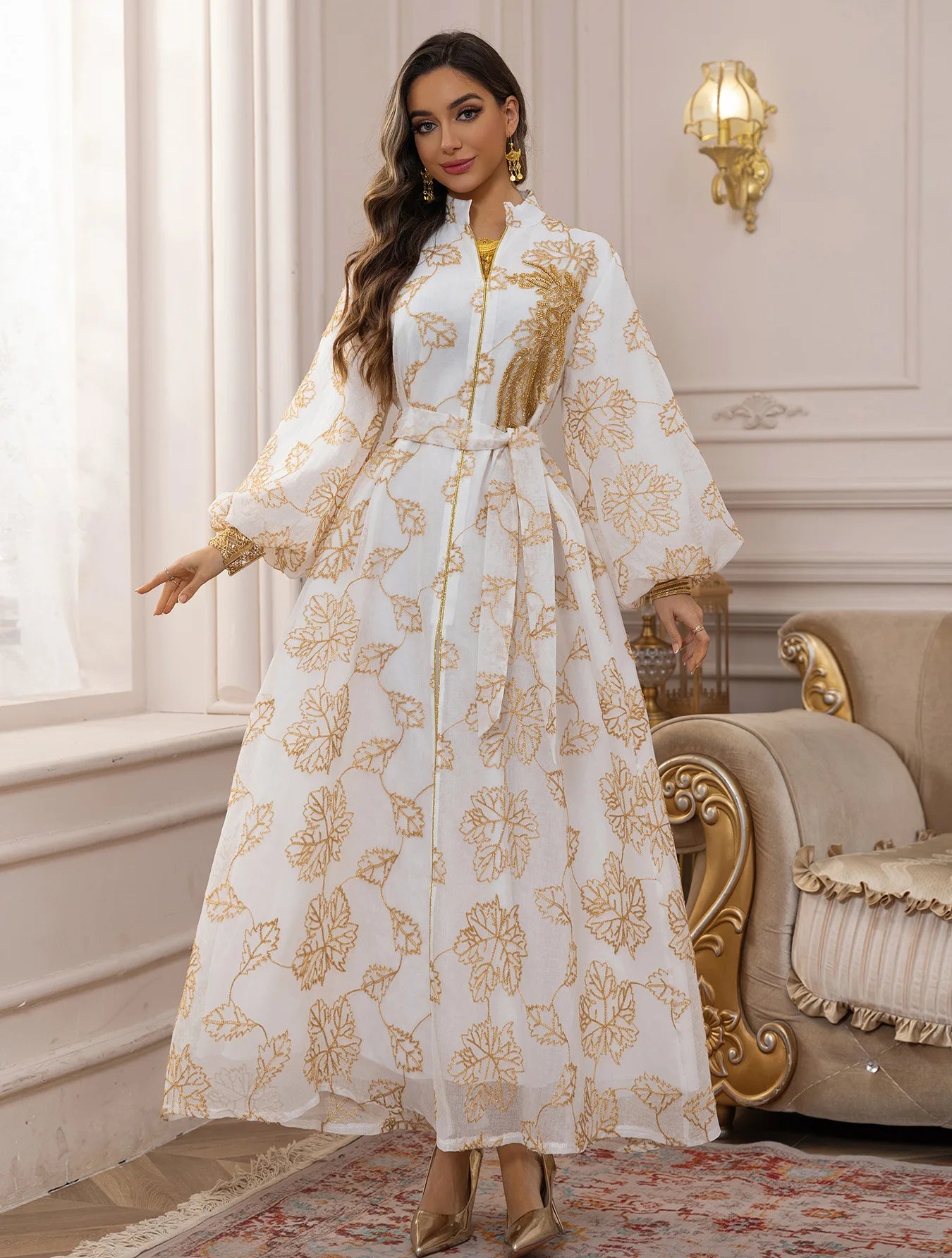 2025 Dubai Luxury Muslim Abaya Gold Floral Embroidered Long Dress Elegant Modest Islam Outerwear for in the MIddle East Women