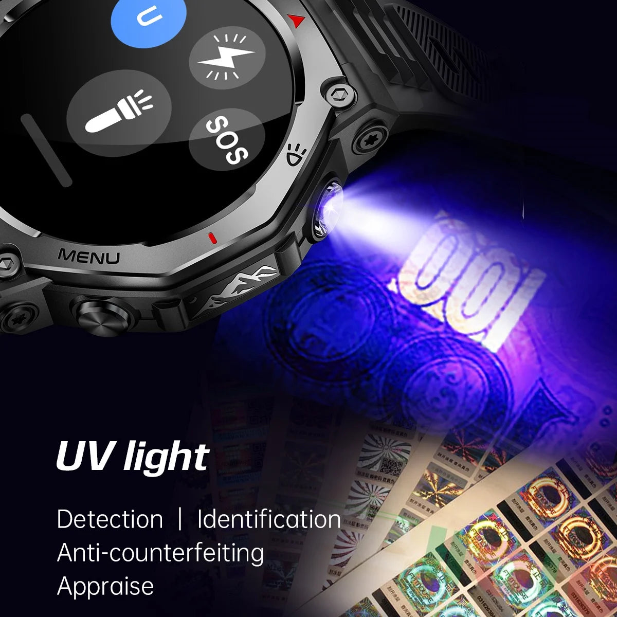 2025 New Military Smart Watch Flashlight/UV Light 5ATM Waterproof Sport Fitness Smartwatch Men Bluetooth Call for Xiaomi IOS