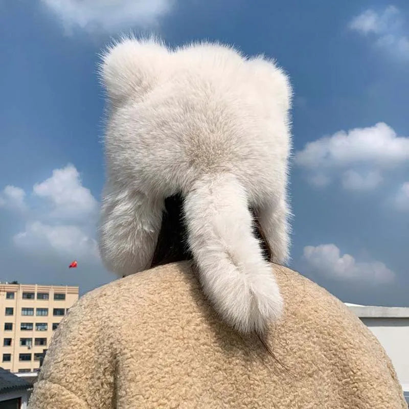 Women Winter Warm Kawaiyi Fox Fur Imitation Mink Plush Hat Thickened Cute Bear Ear plush Lei Feng hat Ear Protection Cosplay Cap