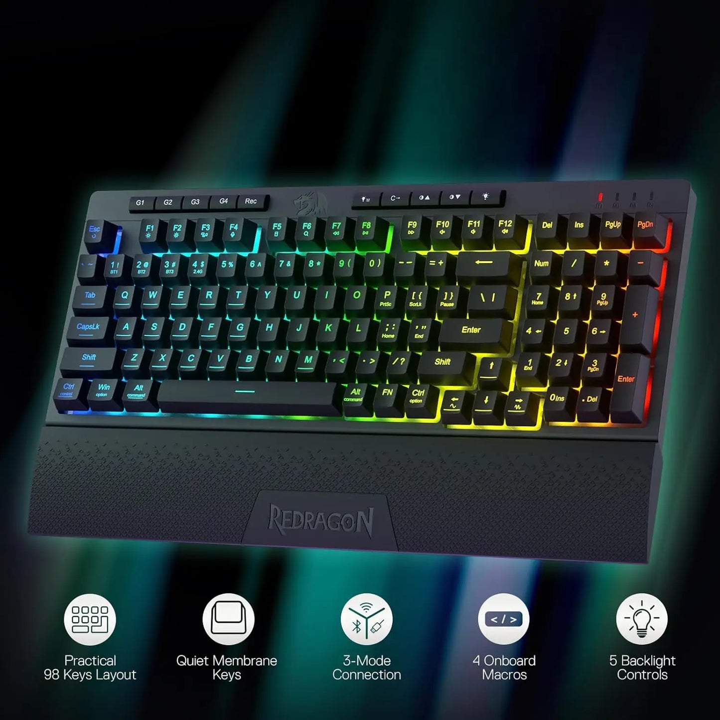 Redragon K515 PRO Shiva RGB Wireless 98 Keys Mechanical Membrane Gaming Keyboard, Smooth Linear Switch, Detachable Wrist Rest