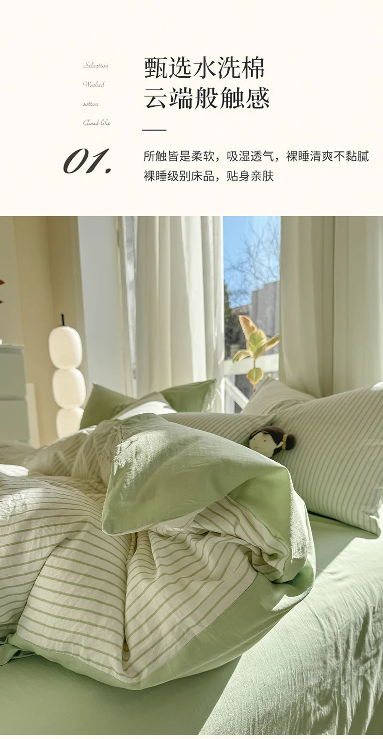 Washed Cotton Duvet Cover Set Quilt Set Ins Nordic Minimalist Style Grey Strip Bed Set Home Textile Bedding Set Bed Sheets 2025