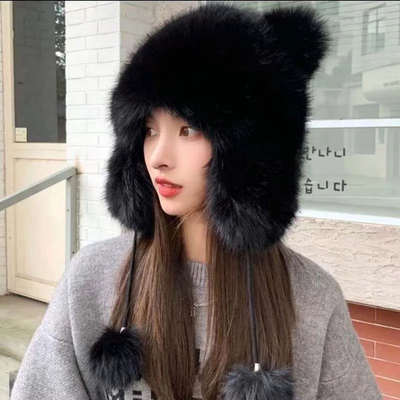 Women Winter Warm Kawaiyi Fox Fur Imitation Mink Plush Hat Thickened Cute Bear Ear plush Lei Feng hat Ear Protection Cosplay Cap