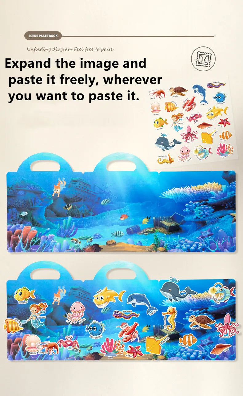 Reusable Cartoon Sticker Book for Kids Multiple Scenos DIY Puzzle Game Educational Learning Classic Toys for Child Age 2-4 Gifts