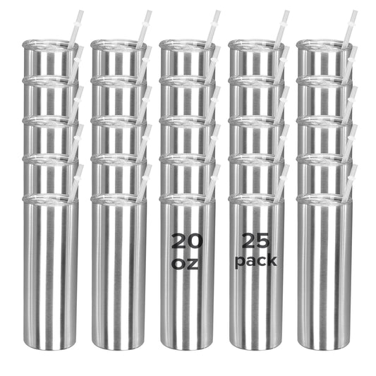 25 Pack 20OZ Silvery Stainless Steel tumbler with Lid & Straw - Slim Straight Vacuum Insulated Cup