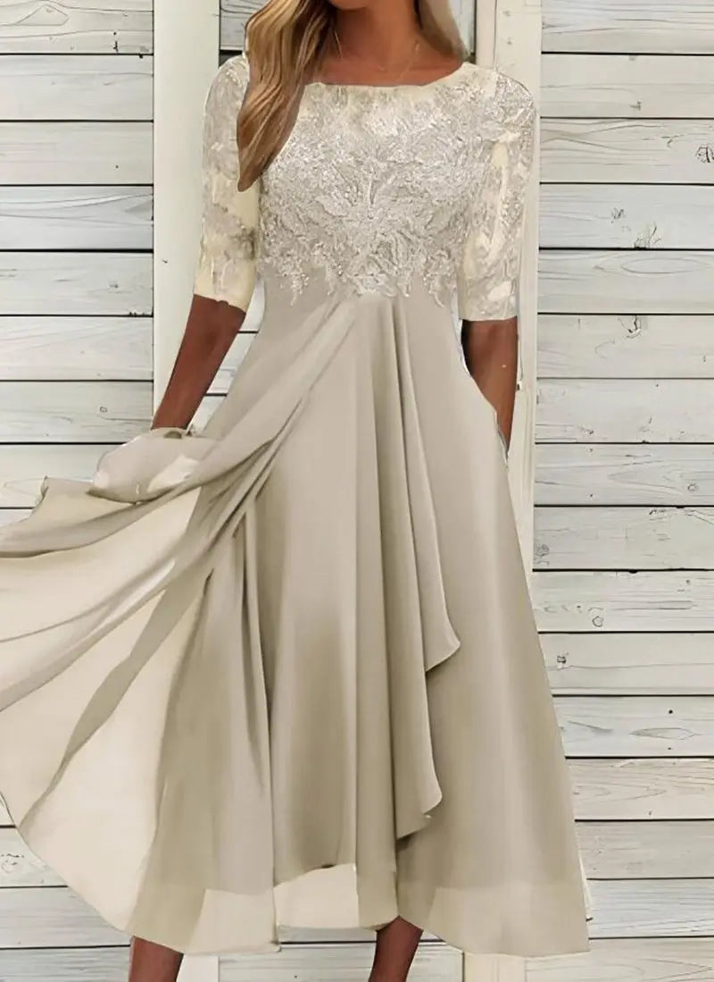 Womens Dresses Romantic Simple Dress With Chiffon Patchwork Lace Hollow Out Long Dress Bridesmaid Evening Dress Women's Wear