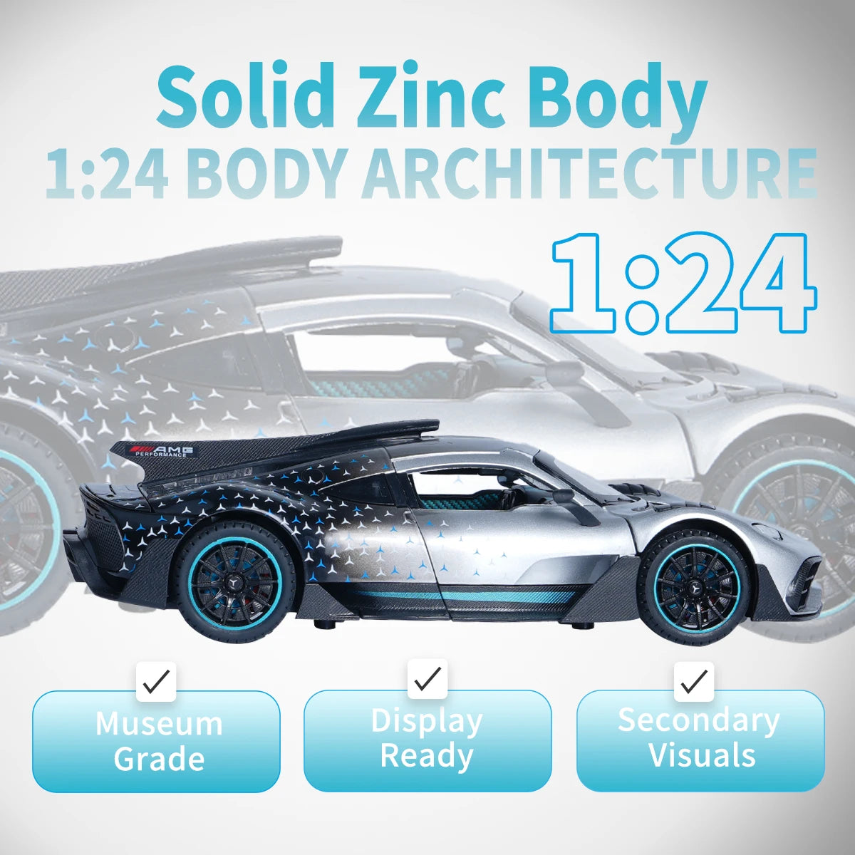 1:24 Gray Alloy Supercar Model with Sound and Light, Pull Back, Three Doors, Lift up Tail, Front Wheel Steering, Four Wheel Shock, Boy Toy