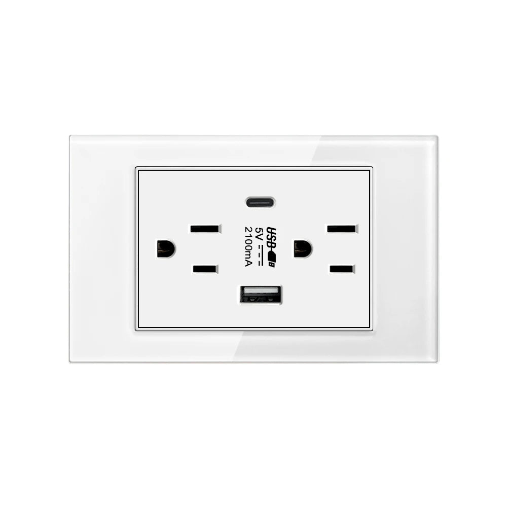 US Wall Switch Power Socket with USB Type-c Quick Charger,American Mexico White Tempered Glass Plug Outlet,Light Switch Panel