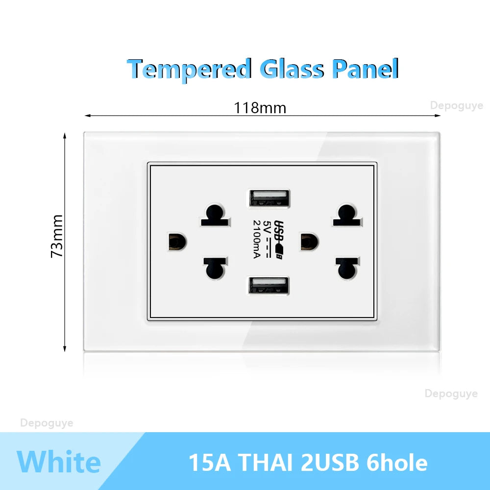 US Wall Switch Power Socket with USB Type-c Quick Charger,American Mexico White Tempered Glass Plug Outlet,Light Switch Panel