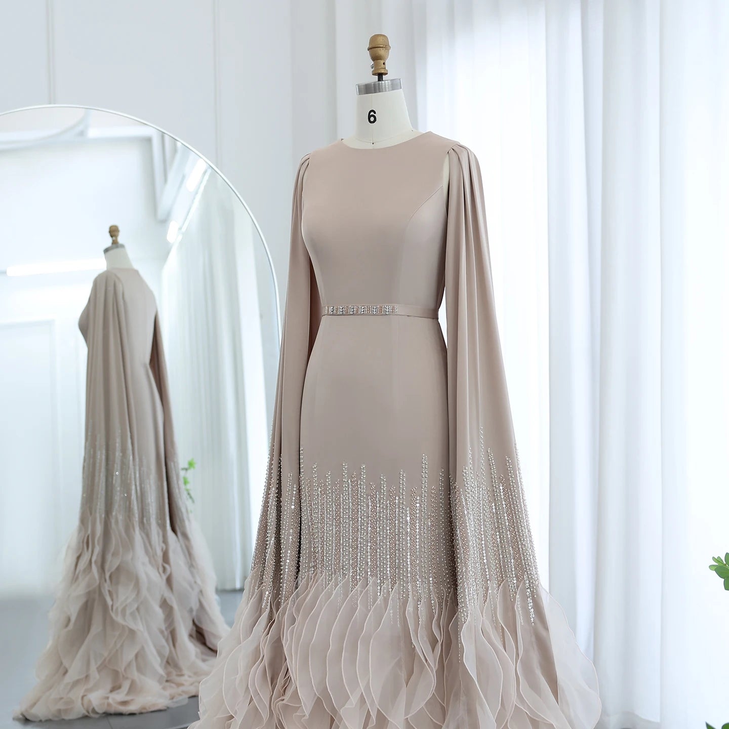 Sharon Said Luxury Dubai Nude Evening Dresses with Cape Sleeves Tiered Ruffles Arabic Women Wedding Party Gowns SS440 Customized