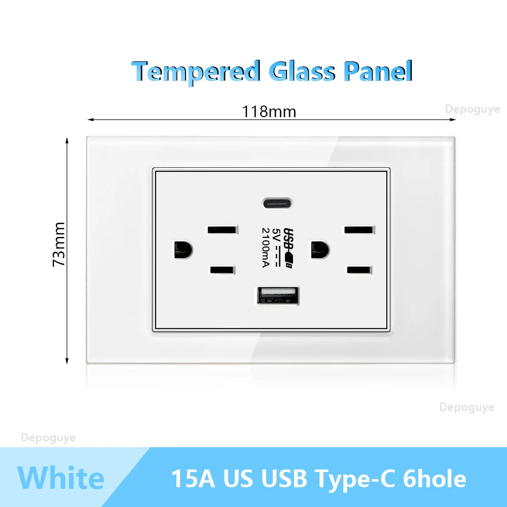 US Wall Switch Power Socket with USB Type-c Quick Charger,American Mexico White Tempered Glass Plug Outlet,Light Switch Panel