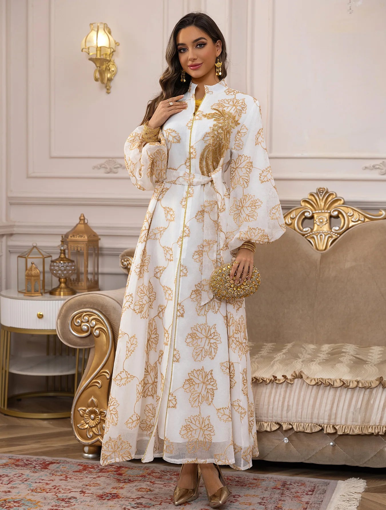 2025 Dubai Luxury Muslim Abaya Gold Floral Embroidered Long Dress Elegant Modest Islam Outerwear for in the MIddle East Women