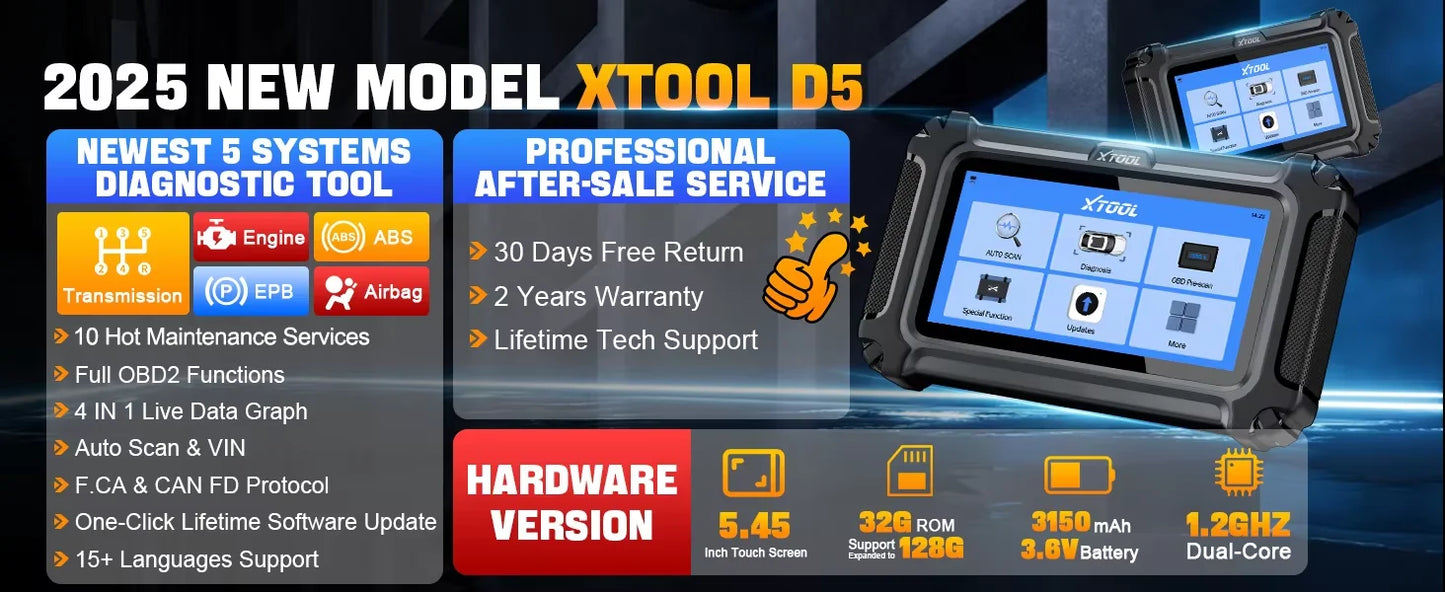 XTOOL D5 Car Diagnostic Tools Gearbox ABS EPB Airbag Engine 5 System Scanner 10 Reset Service OBD2 Scanner Lifetime Free Update