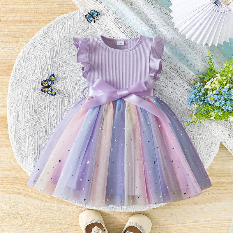 Toddler Girls Princess Dress Children Rainbow Sleeveless Tulle Dress Summer New Baby Birthday Party Vestido Sweet Casual Clothes