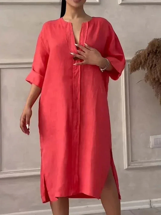 2024 Summer Fashion New Elegant Women's Cotton and Hemp Casual Long Sleeved V-neck Mid Length Commuter Style Solid Color Dress