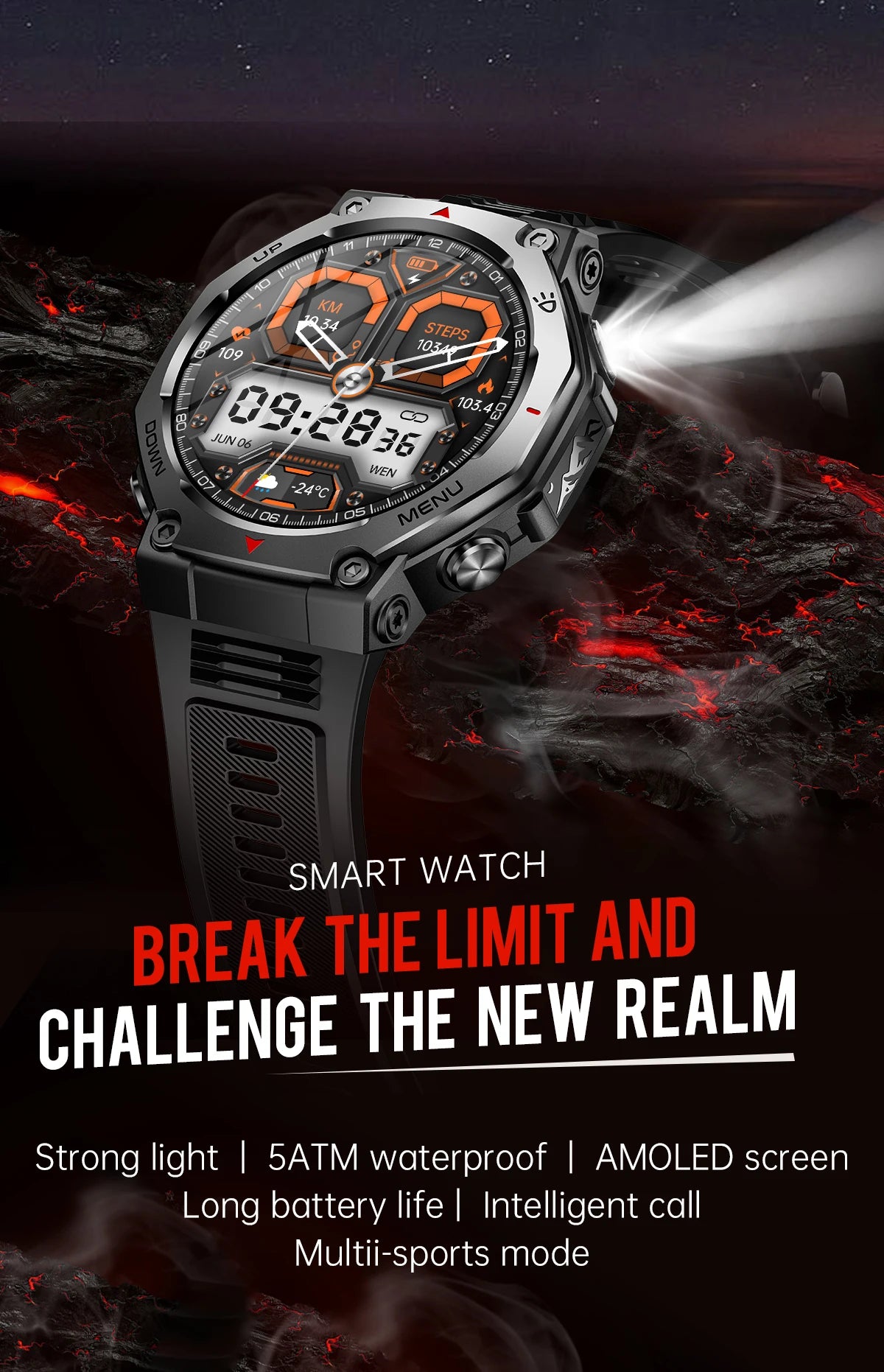 2025 New Military Smart Watch Flashlight/UV Light 5ATM Waterproof Sport Fitness Smartwatch Men Bluetooth Call for Xiaomi IOS