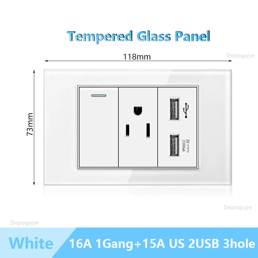 US Wall Switch Power Socket with USB Type-c Quick Charger,American Mexico White Tempered Glass Plug Outlet,Light Switch Panel
