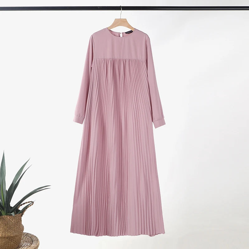 2025 ZANZEA Muslim Abaya Hijab Dress Women Elegant Long Sleeve Pleated Sundress Fashion Casual IsIamic Clothing Dubai Maxi Robe