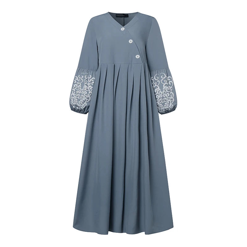 ZANZEA Fashion Turkey Muslim Dress Vintage Eid Mubarek Vestidos Woman Long Sleeve Neck Dresses Elegant Party Sundress Oversized