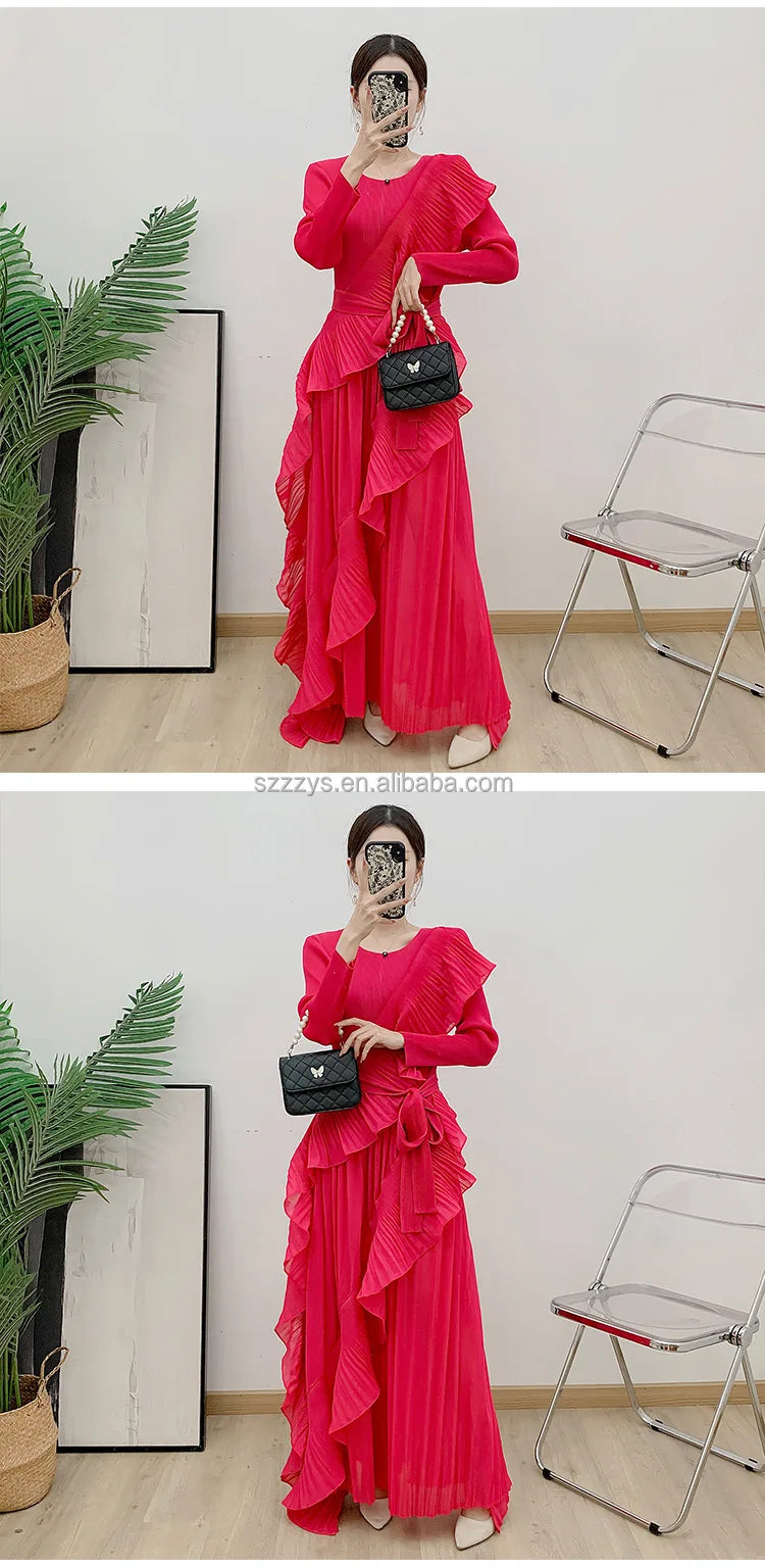 2025 New Dresses Cascading Ruffle Dresses Women Lady Elegant Vintage Pleated Design Ruched Dresses Women Casual