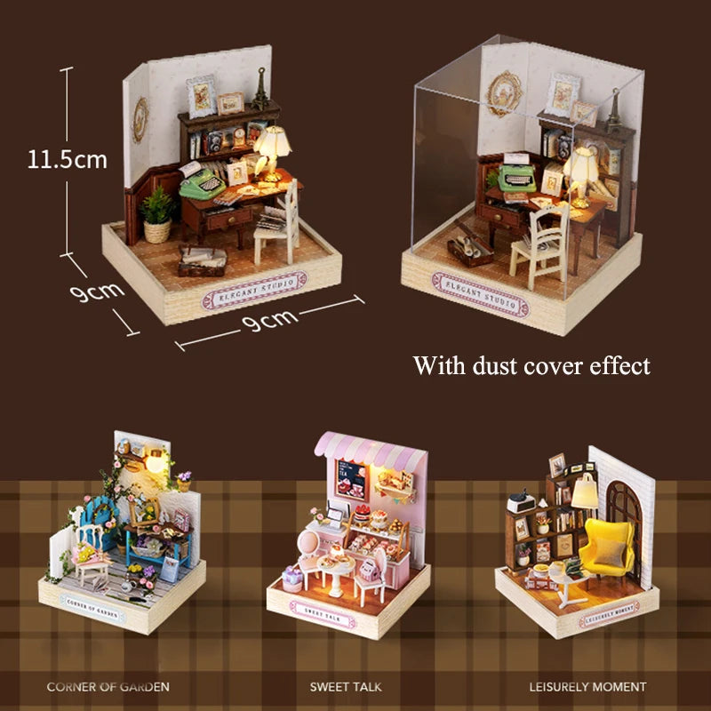 Wooden Miniature Doll House DIY Handmade Assembly Model Building Kit With Dust Cover 3D Puzzle Toys Birthday Gifts Dollhouse