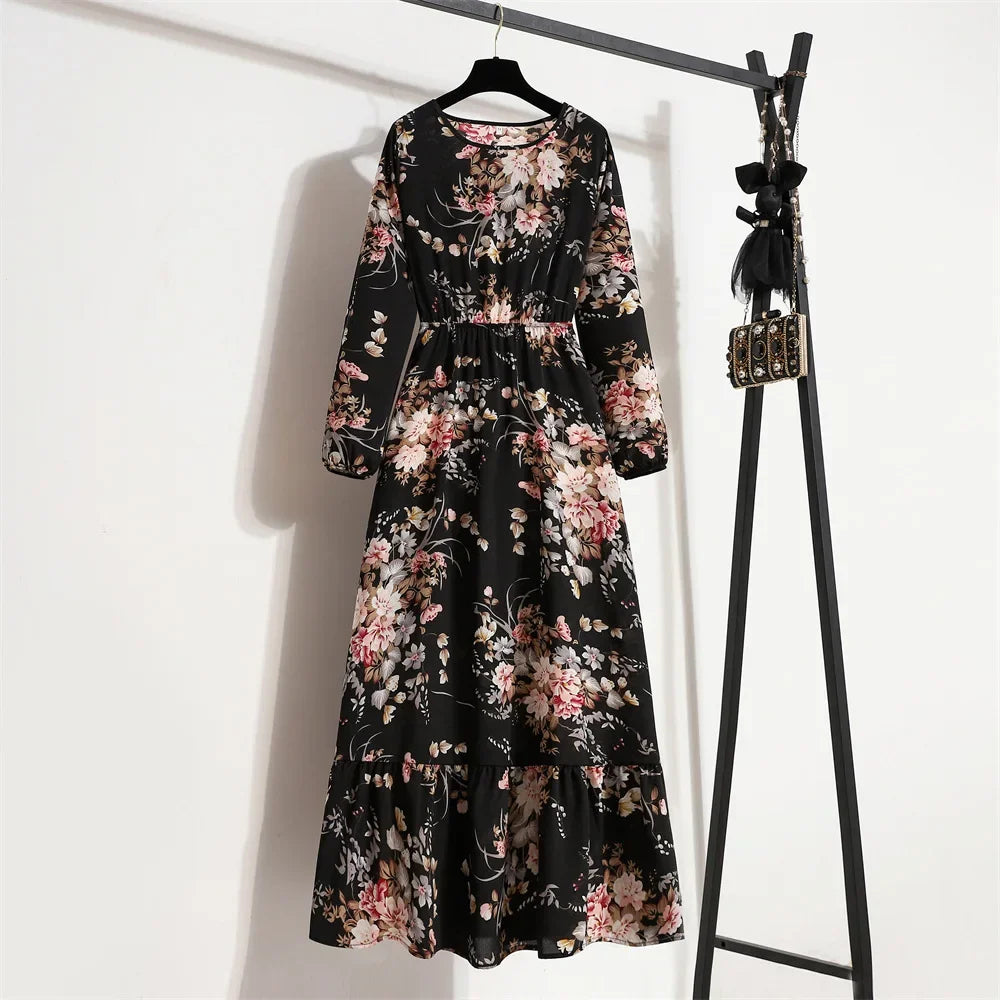 Women Eid Muslim Dresses Tight Waist O Neck Ruffles Spliced Casual Vestidos Flowers Dress Dubai Kaftan Islam Morocco Arab
