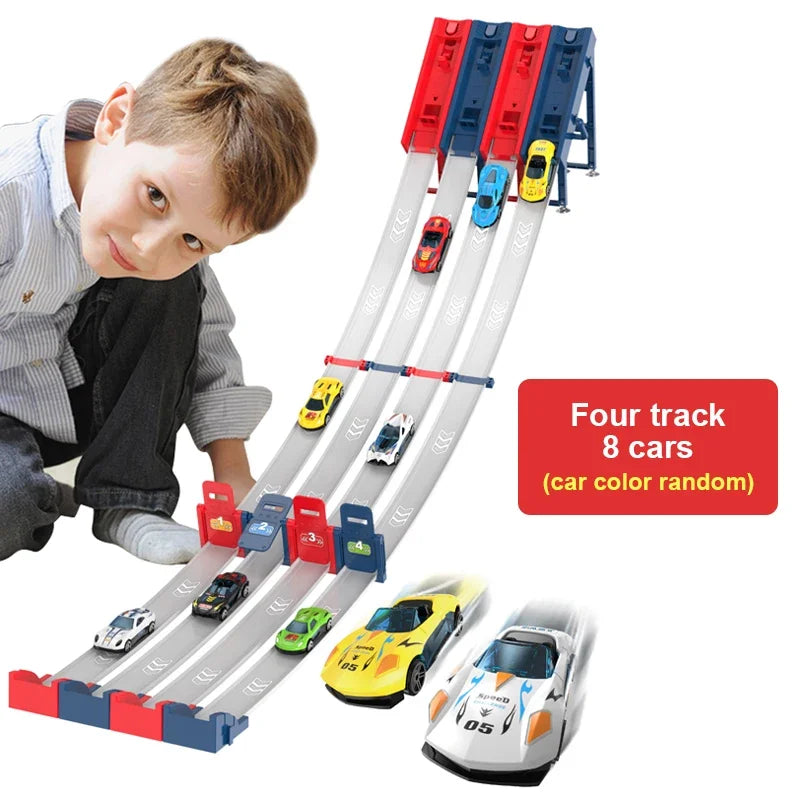 Rail Car Track with Racing Track Racing Set Toy Vehicle Alloy Car Kids Catapult Car Competitive Play Game for Children Gift DIY