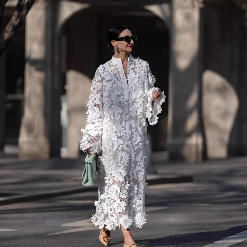 Women's Dress Handmade 3D Embroidered Hollow Design Dress Pure White Dress Elegant Evening Dress Commuter Dress